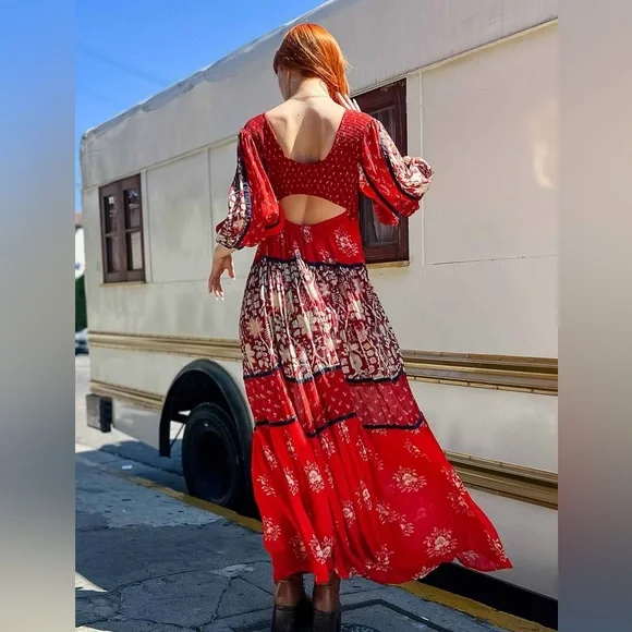 Free People Bali Laurel Bohemian Long Sleeve Red Maxi Dress - $298 - Picture 4 of 16